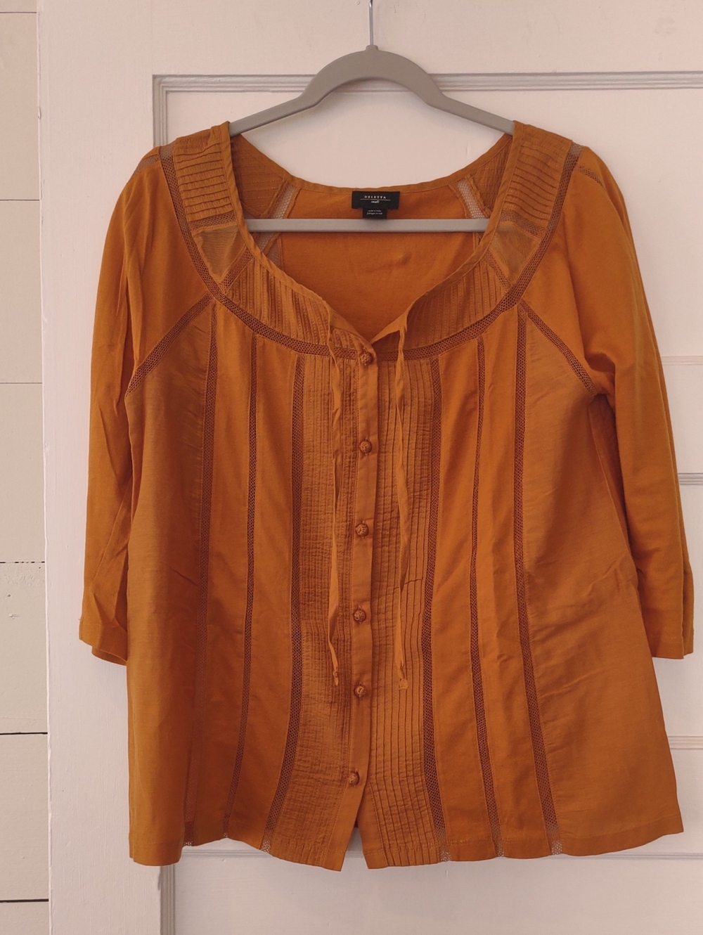 Anthropology Deletta Button-Front Peasant Blouse in Mustard Cotton Silk Sm NWOT